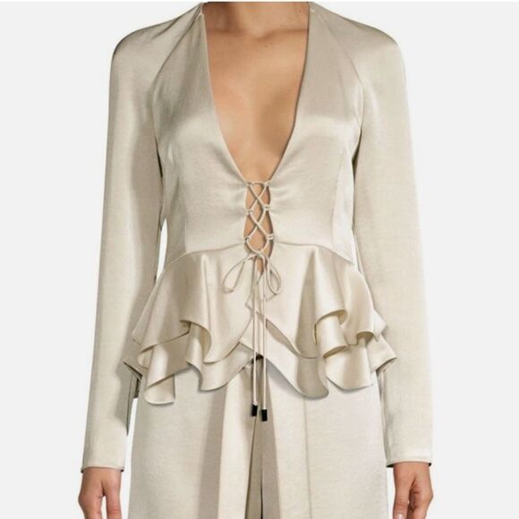 Alexis Reagan Lace-Up Ruffle Peplum Satin Blouse Women's Medium Elegant Romantic - Picture 1 of 16